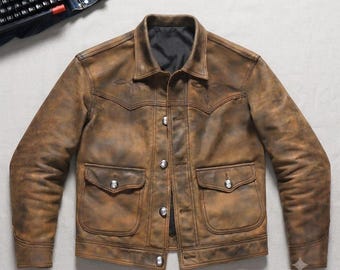Handmade Western Leather Jacket, Inspired Vintage Cowhide Trucker Jacket, Distressed Brown Patina Work Jacket, Men Custom Biker Coat