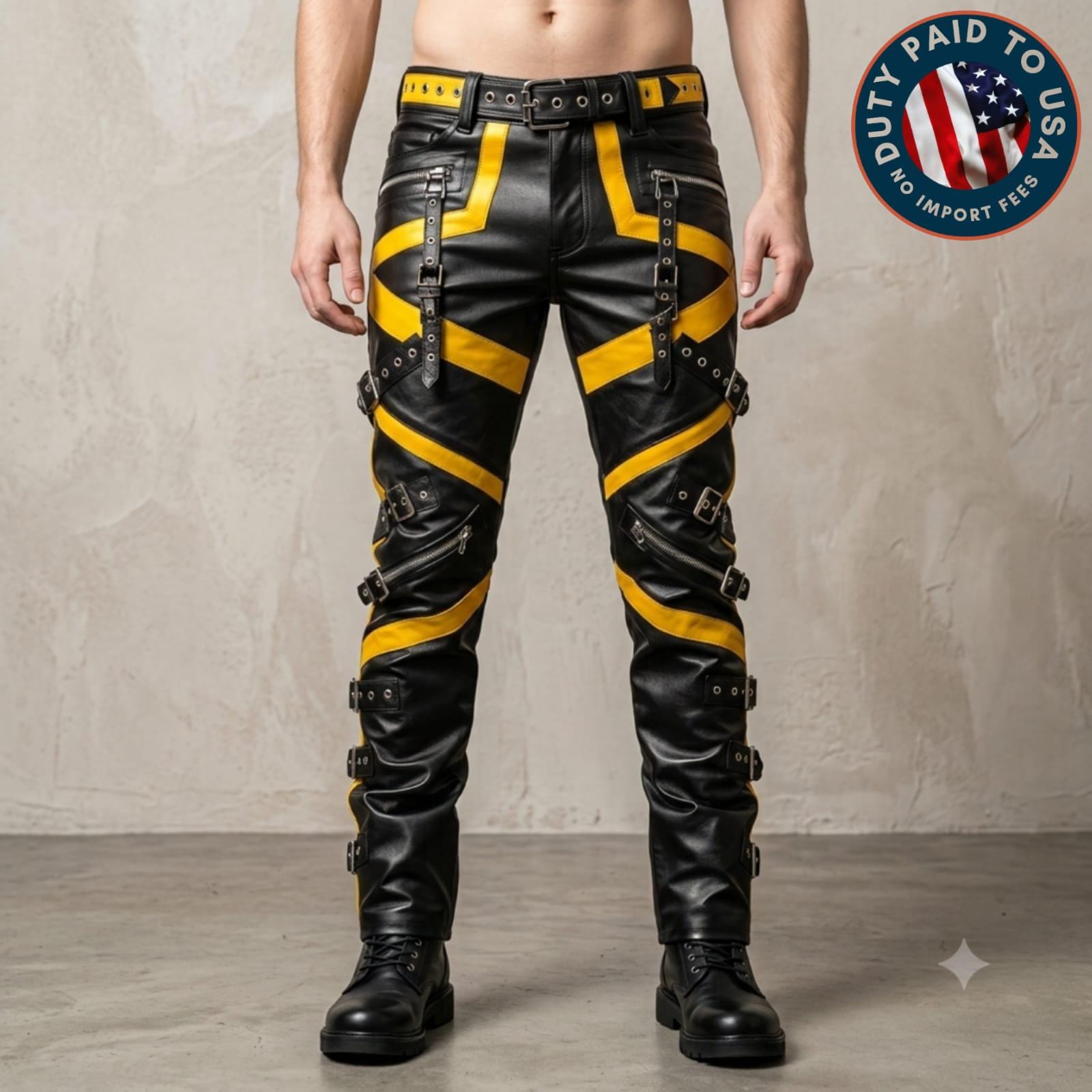 Handmade Yellow & Black Leather Pants Mens Gothic Strapped Biker Trousers Custom Punk Rock Heavy Metal Stage Wear Cargo Pants