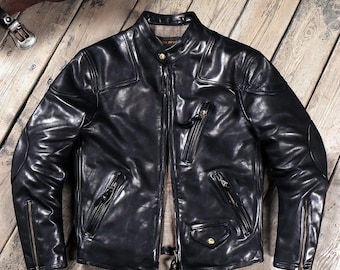 Inspired Handmade Article Vintage Black Horsehide Leather Jacket Men Cafe Racer Motorcycle Riding Coat Premium Tea Core Biker Jacket