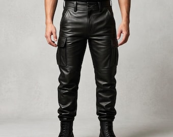 Handmade Custom Leather Cargo Pants Men Black Genuine Cowhide Trousers Utility Detail Pocket Pant Casual Motorbike Inspired Fashion