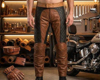 Handmade Two Tone Leather Motorcycle Jacket Pants or Full Suit Set Custom Retro Quilted Biker Trousers Inspired Vintage Gear for Men