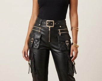 Inspired Handmade Article Women's Black Leather Cargo Pants, Goth Steampunk Quilted Pocket Trousers, Alt Punk Biker Moto Pants