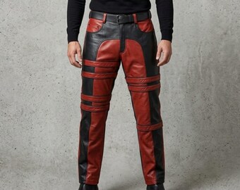 Handmade Two Tone Red and Black Leather Pants | Cosplay Inspired Tactical Riding Trousers | Multi Pocket Men Biker Gear Costume Trousers