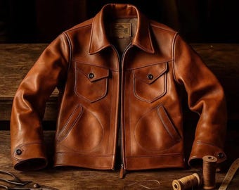 Handmade Vintage Style Leather Jacket | Men's 1930s Cossack Sport Jacket | Inspired Premium Brown Horsehide Classic Retro Flight Jacket