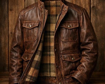 Chaqueta de cuero marrón desgastado hecha a mano para hombre - Abrigo de campo vintage de inspiración clásica - Estilo cafe racer utilitario de cuero de grano completo - Ropa de trabajo con forro a cuadros