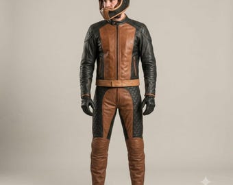 Handmade Two Tone Leather Motorcycle Jacket Pants or Full Suit Set Custom Retro Quilted Biker Trousers Inspired Vintage Gear for Men