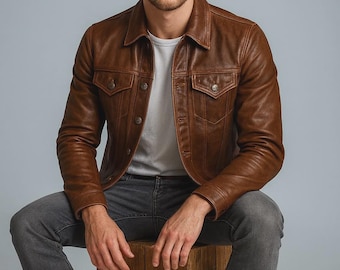 Handcrafted Brown Sheepskin Leather Trucker Jacket: Vintage Biker Style