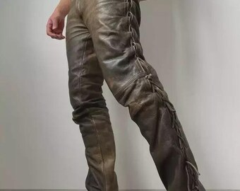 Men's Vintage Distressed Leather Pants Biker Style Laced Brown Jeans