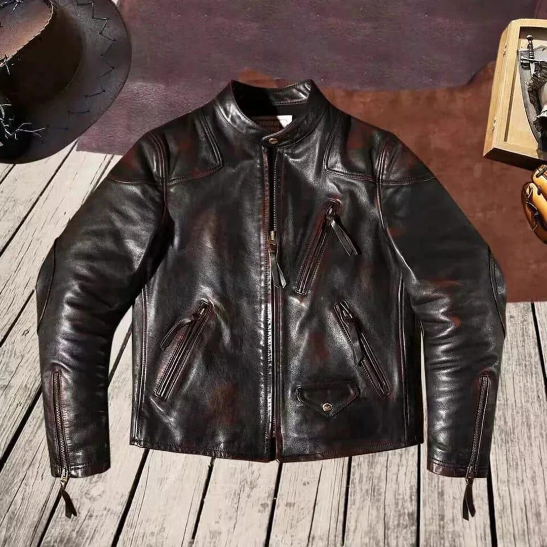 Vintage Distressed Leather Motorcycle Jacket Men, Cafe Racer Biker ...