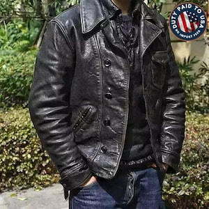 Vintage leren Kozakkenjas uit de jaren 30 voor heren, verweerde zwarte leren sportjas met halve riem, retro bikerjas met knoopsluiting, gepersonaliseerd cadeau voor mannen