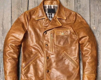 Inspired 1940s Vintage Leather Jacket, Handmade Men’s Half Belt Sportswear, Distressed Tan Leather Coat, Custom Workwear Heritage Style