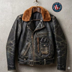 May include: A distressed black leather jacket featuring a brown faux fur collar, a front zipper closure, multiple zippered pockets, and a buckled waist belt. The jacket has a worn-in appearance with visible texture and metal hardware accents.