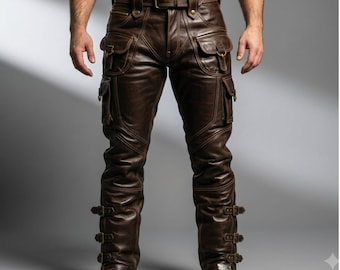Men Dark Brown Leather Cargo Pants Handmade Motorcycle Riding Trousers Steampunk Tactical Utility Biker Pants Inspired Heavy Duty Gear