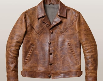 Handmade Western Leather Jacket Distressed Horsehide Men Classic Vintage Style Cowhide Casual Coat Patched Custom Outerwear Casual Gift