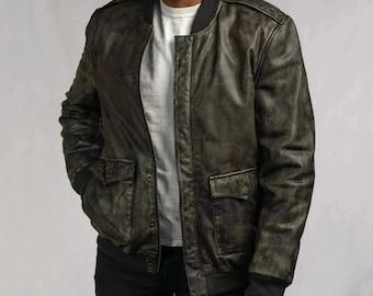 Distressed Brown Leather Bomber Jacket Men, Inspired Handmade Vintage Flight Coat, Custom Size Heritage Outerwear, Textured Patina Gift