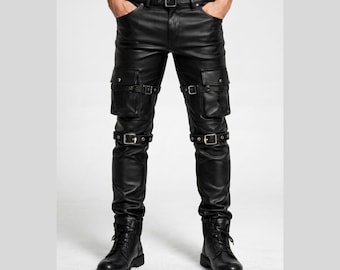 Men's Black Leather Cargo Pants, Handmade Goth Punk Biker Trousers, Alternative Steampunk Utility Pants with Straps & Buckles, Gift