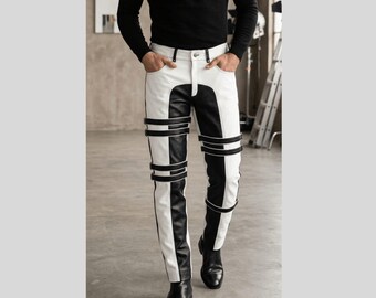 Men Two Tone Leather Pants Handmade Biker Chaps Steampunk Cosplay Trousers Custom White Black Riding Pants Straps Buckles Punk Gear Gift