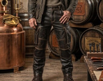 Handmade Distressed Brown Leather Cargo Pants Men, Vintage Motorcycle Cargo Trousers, Custom Craft Heavy Duty Waxed Leather Cargo Jeans
