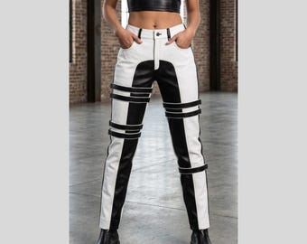 Handmade Color Block Leather Pants Black and White Strapped Motorbike Trousers Goth Festival Alternative Clothing Inspired Gift for Her