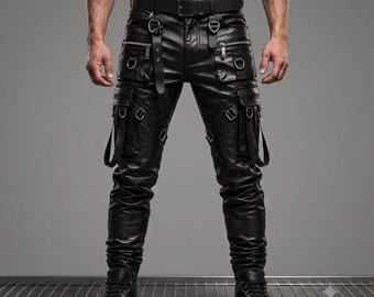 Handmade Inspired Gothic Cargo Pants, Men Premium Black Leather Trousers, Punk Rock Heavy Metal Steampunk Gear, Custom Biker Pants Men