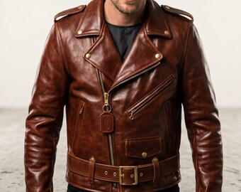 Handmade Leather Motorcycle Jacket Men - Brown Vintage Cafe Racer Biker Jacket - Handcrafted Retro Punk Distressed Genuine Leather Coat