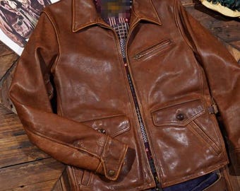 RRL Inspired Handmade Leather Flight Jacket, 1930s Vintage Style Half Belt Sport Coat, Men's Distressed Brown Leather Workwear Jacket