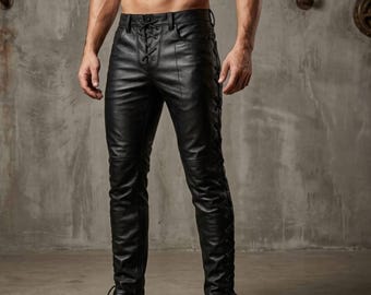 Handmade Lace Up Leather Pants Men, Custom Biker Pants, Side Lacing Leather Trousers, Black Steampunk Pants, Renaissance Fair Outfit