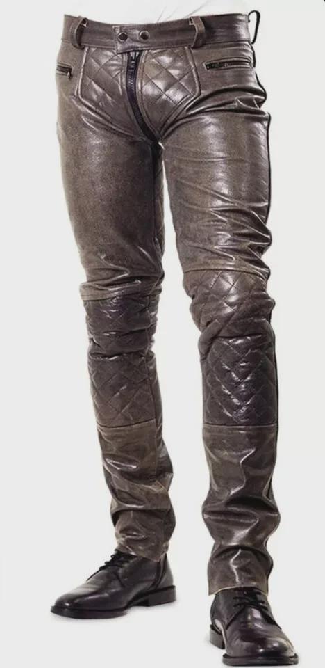 Men's Rocker Pants Men's Distressed Brown Leather Biker Pants Quilted Knee Trousers Rocker ...