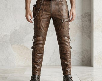 Men's Steampunk Leather Pants, Handcrafted Inspired Cosplay Trousers, Gothic Biker Pants with Straps, Post Apocalyptic Handmade Clothing