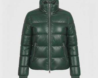Handmade Lambskin Leather Puffer Jacket | Green Quilted Winter Coat