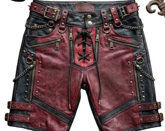 Rode en zwarte leren herenshorts gotische punk bikerstijl bezaaid met steampunk-uitrusting geïnspireerd handgemaakt artikel Cargo Pocket industriële broeken