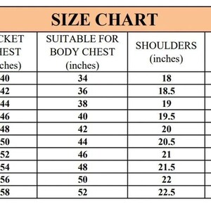 Puede incluir: Una tabla de tallas de chaquetas con medidas en pulgadas. La tabla incluye tallas de XXS a 5XL, que enumeran el pecho de la chaqueta, el pecho adecuado, los hombros y las mangas en cent&iacute;metros. El texto "SIZE CHART" est&aacute; en la parte superior.