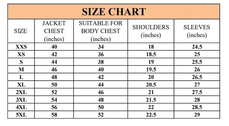 Puede incluir: Una tabla de tallas de chaquetas con medidas en pulgadas. La tabla incluye tallas de XXS a 5XL, que enumeran el pecho de la chaqueta, el pecho adecuado, los hombros y las mangas en cent&iacute;metros. El texto "SIZE CHART" est&aacute; en la parte superior.