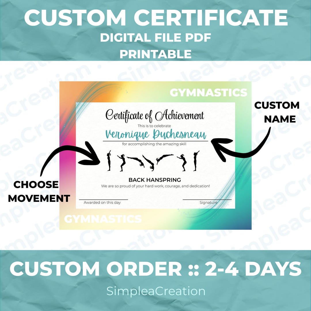 Gymnastics Achievement Certificate – Personalized Printable Award With ...