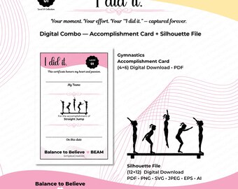 Trave per salto dritto SVG / Combo digitale I Did It / Silhouette di ginnasta + certificato stampabile 4x6 / File di taglio Cricut per ginnastica digitale