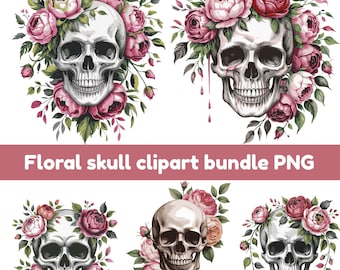 Paquete de imágenes prediseñadas de calaveras florales / Diseños florales góticos / Descarga instantánea