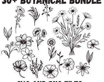 May include: Black and white botanical bundle graphic with various floral and leaf illustrations. The text at the top reads "30+ BOTANICAL BUNDLE" and the text at the bottom reads "SVG AND PNG FILES".