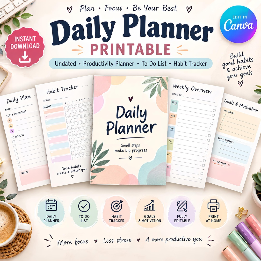 Daily Planner Printable, Productivity Planner, to Do List, Habit ...