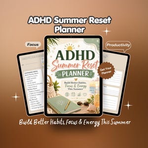ADHD-sommarplanerare, ADHD-återställningsdagbok, utskrivbar fokusplanerare, dopaminmeny, vanespårare, Canva-mall PDF
