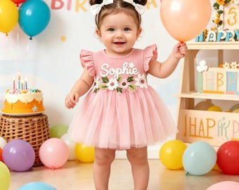 Vestido de bebé bordado personalizado, vestido tutú de manga acampanada con nombre personalizado, vestido de verano para bebé, regalo de primer cumpleaños