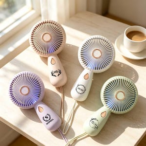 May include: Four portable handheld fans in pastel colors including beige, white, lavender, and light green. Each fan features a circular head with a rose gold center, a teardrop-shaped power button, and a wrist strap. Custom black text and logos are printed on the handles.