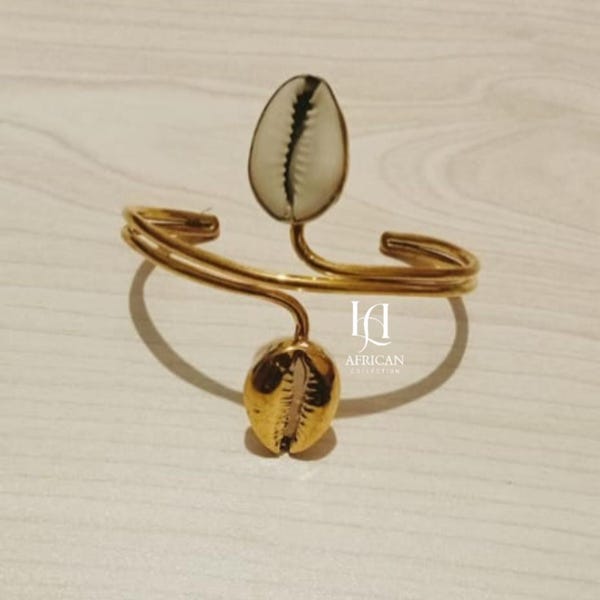 Handmade Cowrie Shell Brass Bracelet - African Adjustable Cuff