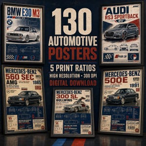 130 Vintage-Automobilposter im Set, Klassische Auto-Wandkunst, Garagendekoration (Digitaler Download)