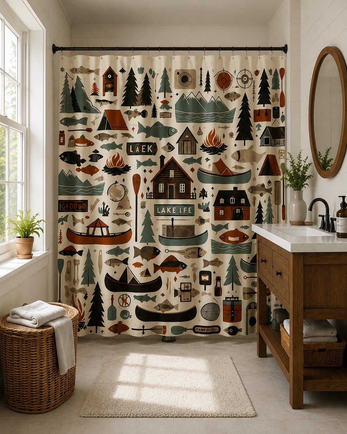 Lake Life Shower Curtain, Rustic Cabin Lodge Bathroom Decor, Woodland…