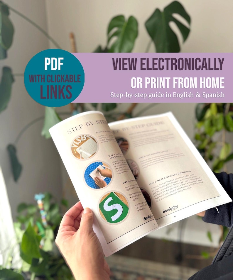May include: A printed step-by-step guide titled Step-by-Step Guide in English and Spanish, featuring circular photo illustrations of craft processes, text instructions, and the brand name dovelyday at the bottom of the pages.