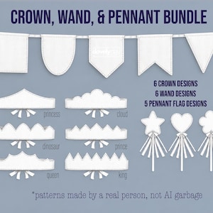 Peut inclure: Un ensemble numérique intitulé CROWN, WAND, & PENNANT BUNDLE présentant des contours blancs de 6 modèles de couronnes, 6 modèles de baguettes et 5 modèles de fanions. Le texte inclut 6 CROWN DESIGNS, 6 WAND DESIGNS, 5 PENNANT FLAG DESIGNS et *patterns made by a real person, not AI garbage.