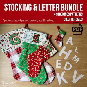 May include: A digital bundle featuring four Christmas stocking patterns and three letter sizes in PDF format. The image displays three fabric stockings with red, green, and plaid patterns, featuring letters G, E, and M, alongside white paper letters.