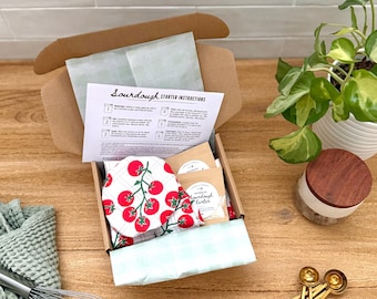Sourdough Starter Gift Set; Bread Bag, Bowl Cover, Jar Cover, Dehydrated Starter | 100% cotton | reusable baking kit | organic sourdough