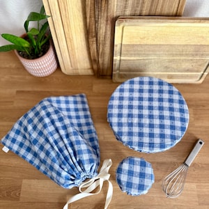 Sourdough Starter Kit: Bread Bag, Bowl Cover, Jar Cover | 100% cotton | reusable sourdough bread gift set | Blue Gingham checks