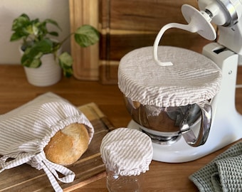 Sourdough Starter Kit: Bread Bag, Bowl Cover, Jar Cover | linen + cotton | reusable bread gift set | Linen Stripes